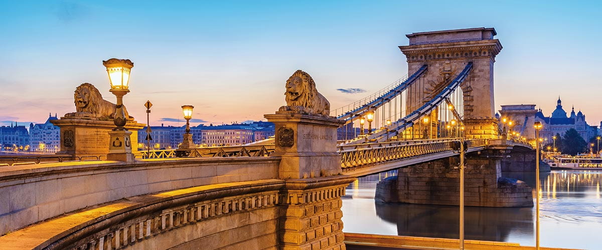 The Chain Bridge at sunrise in Budapest, Hungary